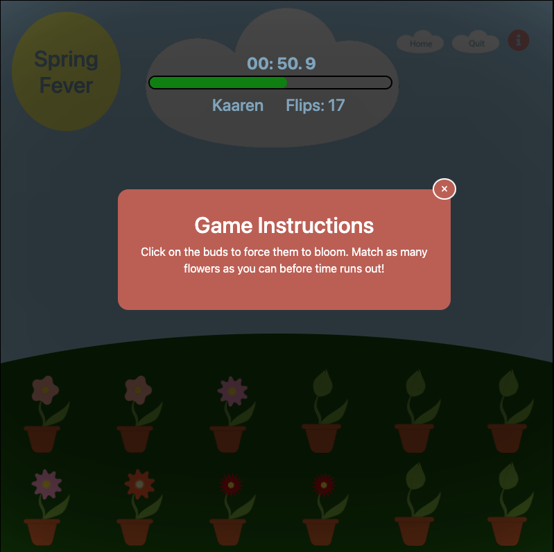 instructions on game screen of spring fever javascript game